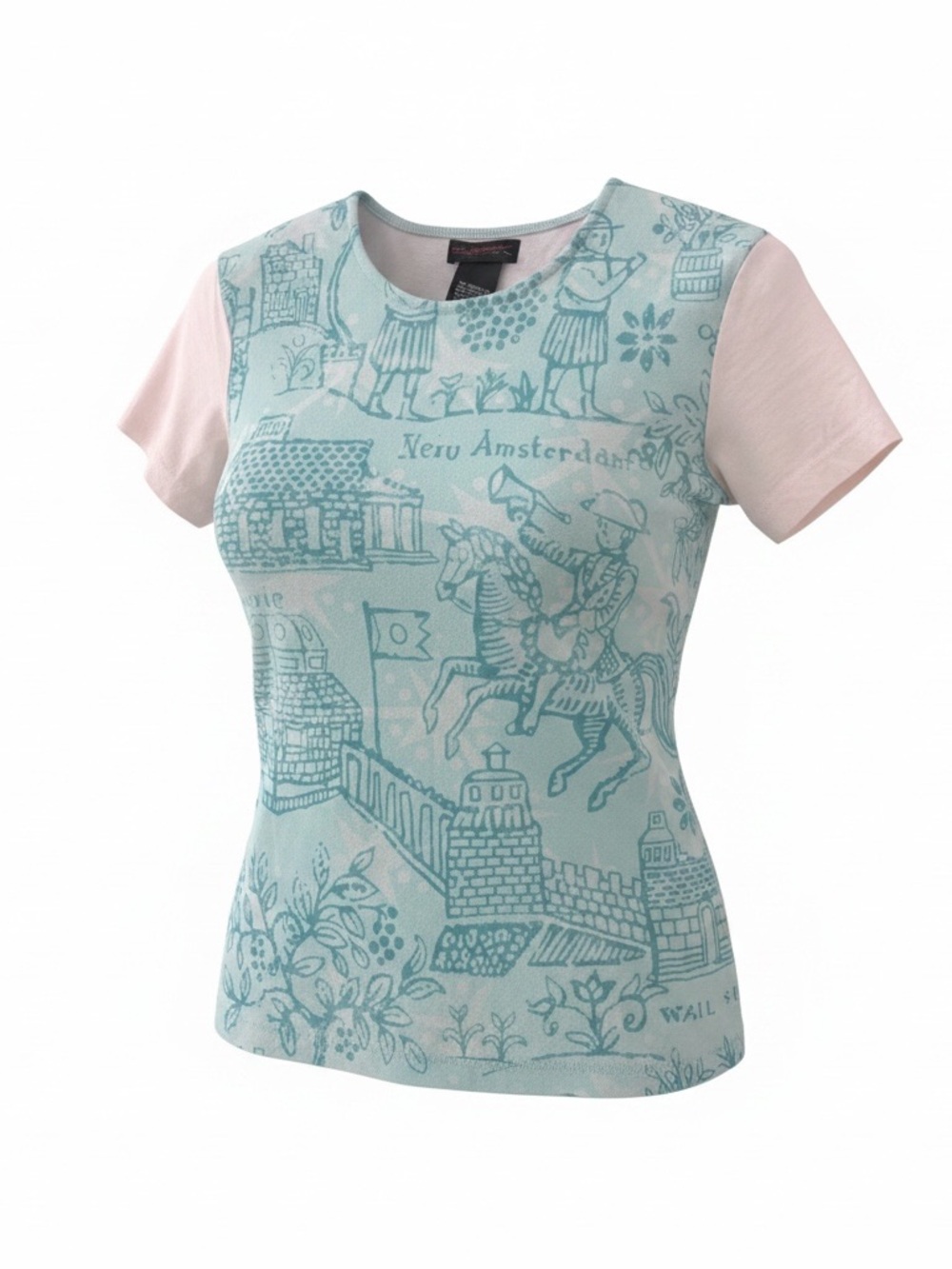 Custo Barcelona Light Blue Printed Crewneck Tee with Pale Pink Sleeves